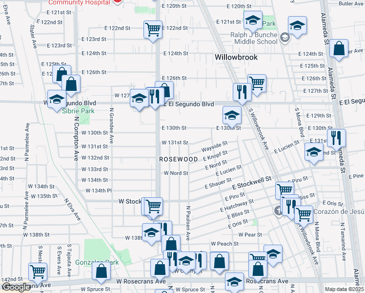 map of restaurants, bars, coffee shops, grocery stores, and more near 725 West 131st Street in Compton