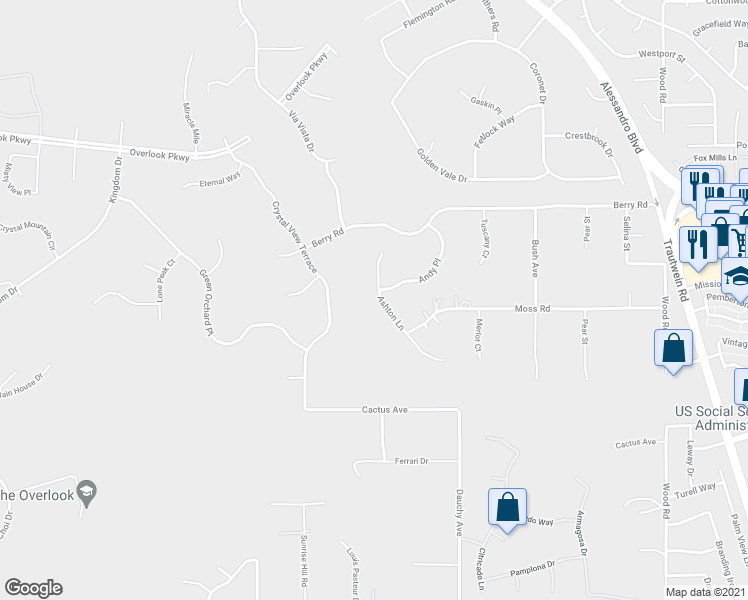 map of restaurants, bars, coffee shops, grocery stores, and more near 14207 Ashton Lane in Riverside