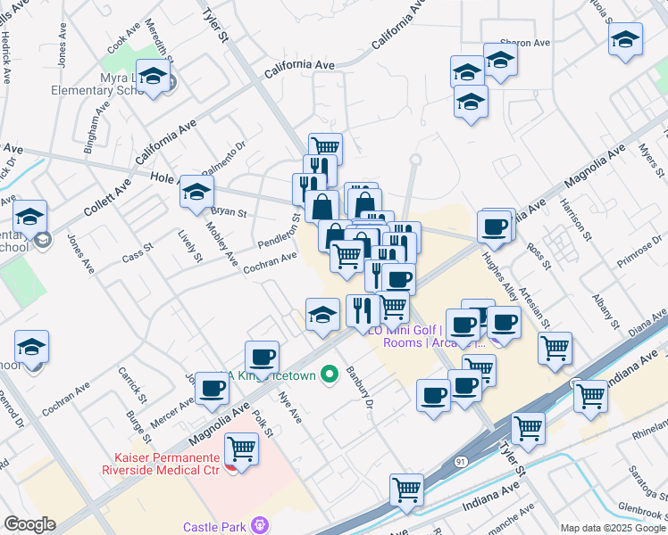 map of restaurants, bars, coffee shops, grocery stores, and more near 3870 Tyler Street in Riverside