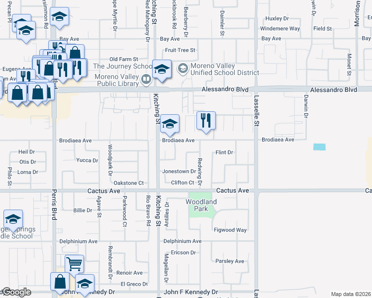 map of restaurants, bars, coffee shops, grocery stores, and more near 14303 Woodlark Lane in Moreno Valley