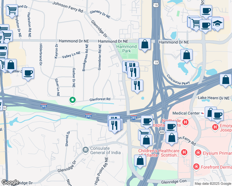 map of restaurants, bars, coffee shops, grocery stores, and more near 5785 Timberlane Terrace Northeast in Atlanta