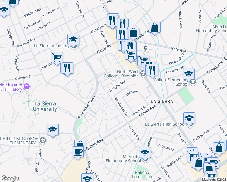 map of restaurants, bars, coffee shops, grocery stores, and more near 11246 Schuyler Avenue in Riverside