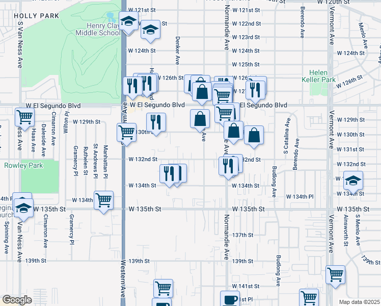 map of restaurants, bars, coffee shops, grocery stores, and more near 1531 West 132nd Street in Gardena