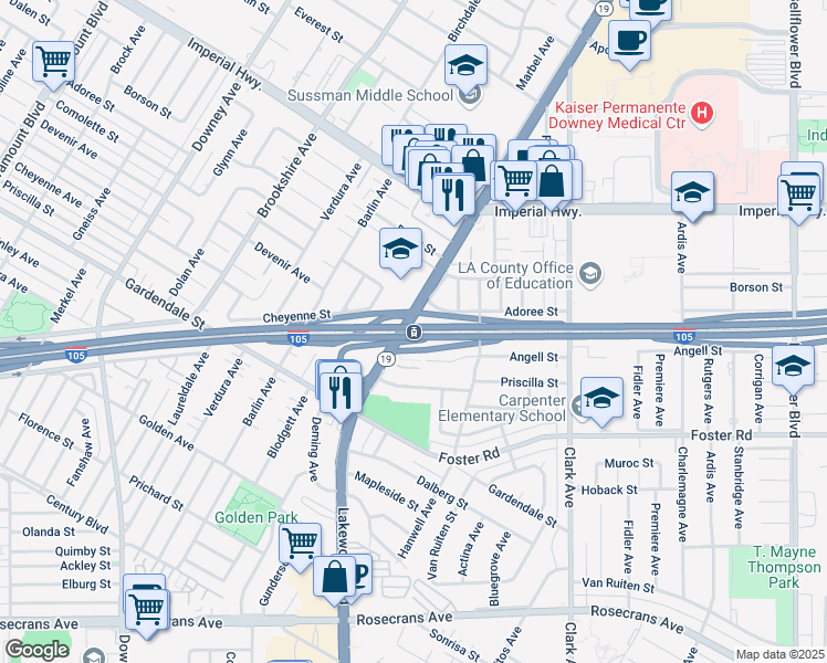 map of restaurants, bars, coffee shops, grocery stores, and more near 12801 Lakewood Boulevard in Downey