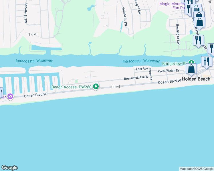 map of restaurants, bars, coffee shops, grocery stores, and more near 284 Ocean Boulevard West in Holden Beach