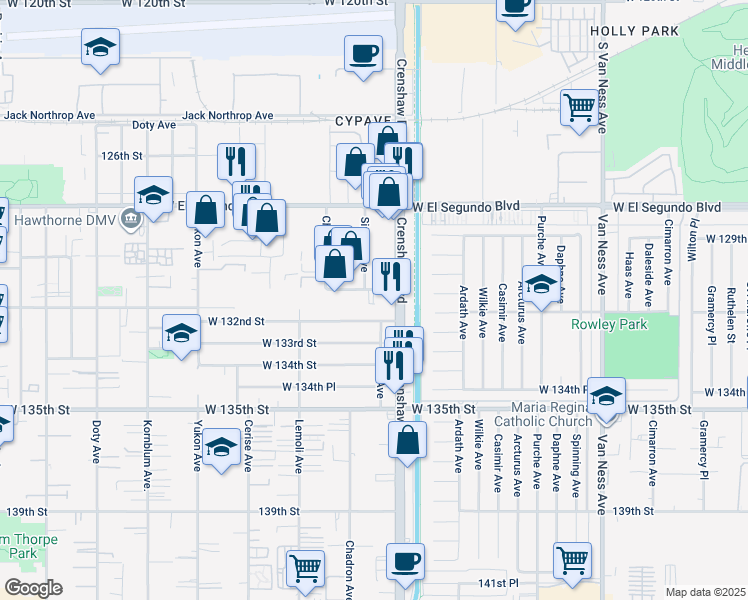 map of restaurants, bars, coffee shops, grocery stores, and more near 3133 West 131st Street in Hawthorne