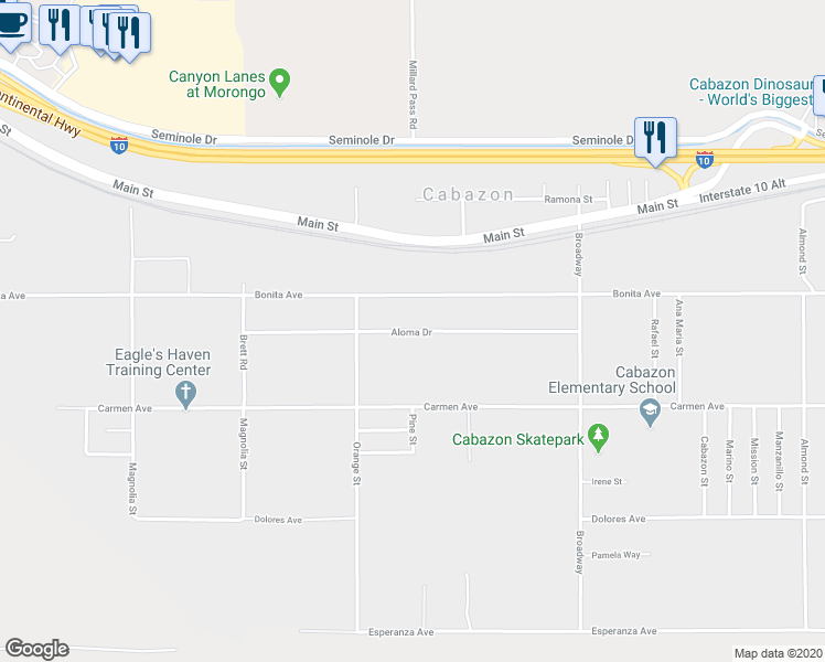 map of restaurants, bars, coffee shops, grocery stores, and more near Aloma Drive in Cabazon