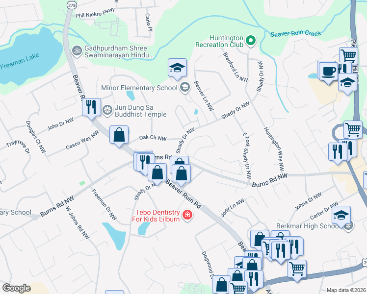 map of restaurants, bars, coffee shops, grocery stores, and more near 4410 Bradstone Trace Northwest in Lilburn
