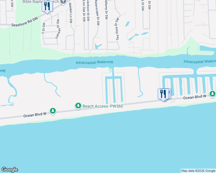 map of restaurants, bars, coffee shops, grocery stores, and more near 141 Starfish Drive in Holden Beach