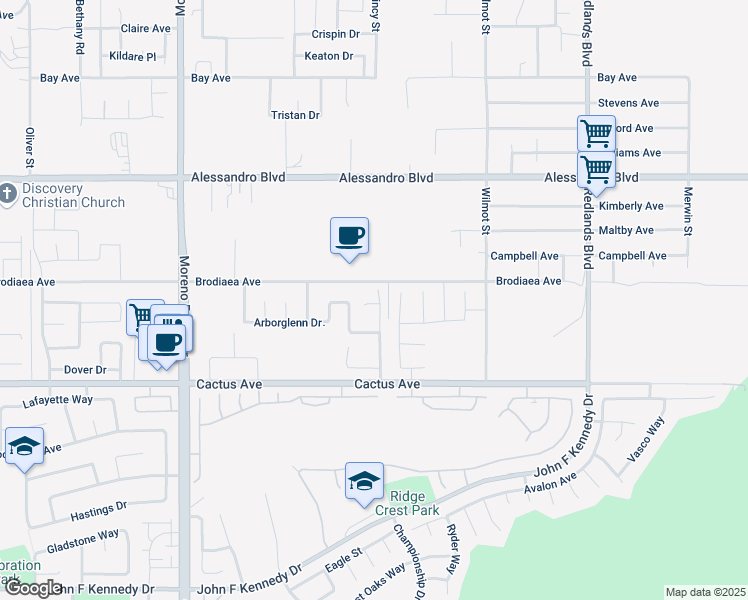 map of restaurants, bars, coffee shops, grocery stores, and more near 28451 Brodiaea Avenue in Moreno Valley