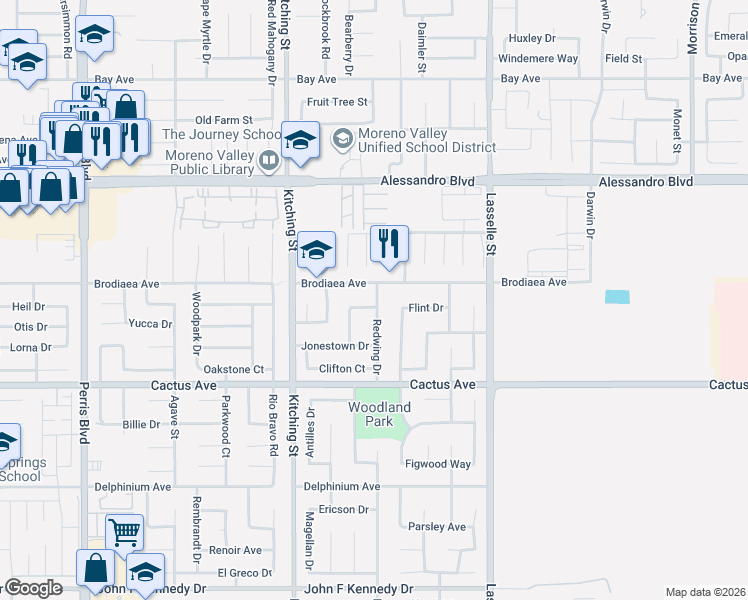 map of restaurants, bars, coffee shops, grocery stores, and more near 25685 Brodiaea Avenue in Moreno Valley
