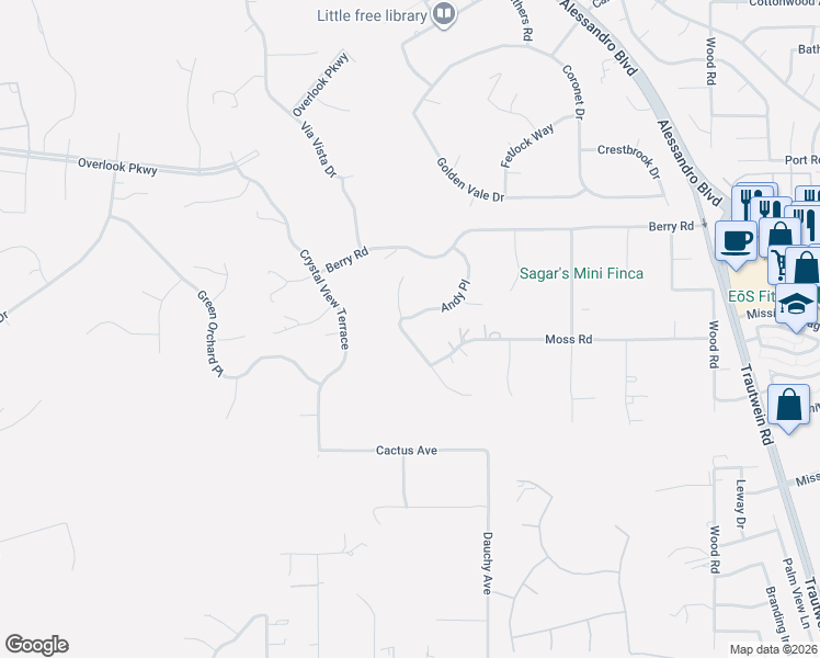 map of restaurants, bars, coffee shops, grocery stores, and more near 14185 Ashton Lane in Riverside
