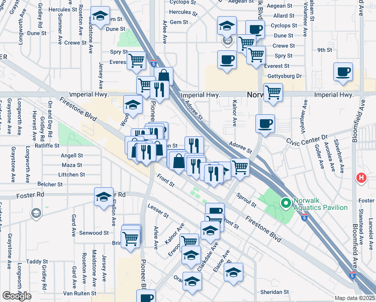 map of restaurants, bars, coffee shops, grocery stores, and more near 12836 Bombardier Avenue in Norwalk