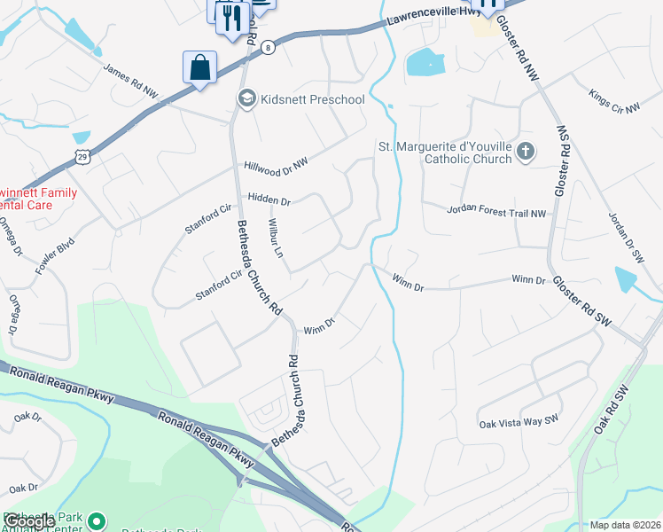 map of restaurants, bars, coffee shops, grocery stores, and more near 141 Adams Mill Drive Northwest in Lawrenceville