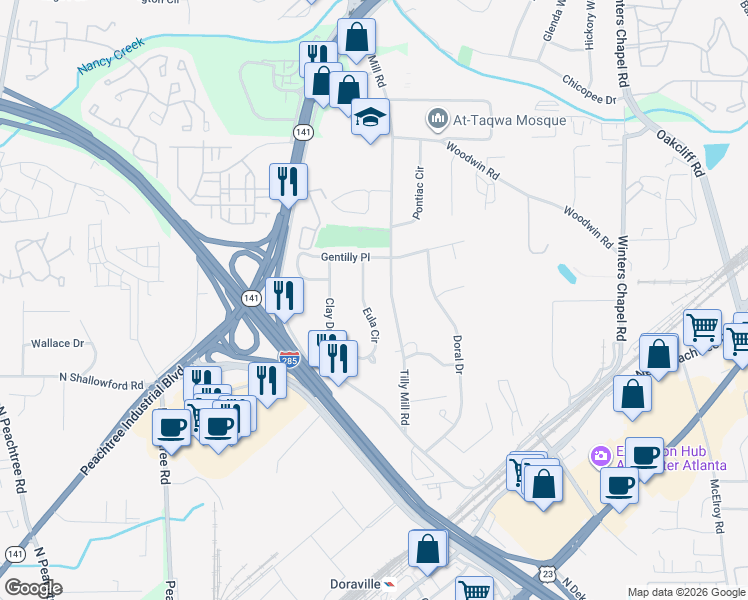 map of restaurants, bars, coffee shops, grocery stores, and more near 4079 Eula Circle in Doraville