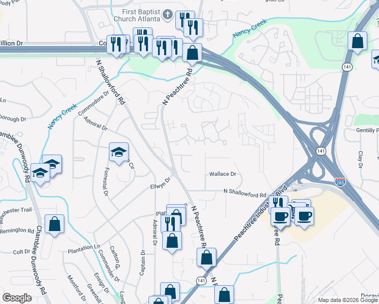 map of restaurants, bars, coffee shops, grocery stores, and more near 700 North Hill Parkway in Atlanta