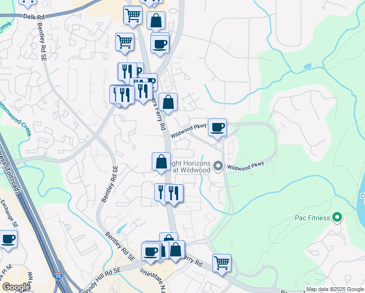 map of restaurants, bars, coffee shops, grocery stores, and more near 3031 Riverstone Tr in Atlanta
