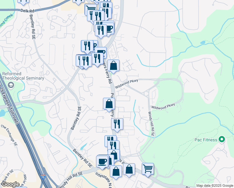map of restaurants, bars, coffee shops, grocery stores, and more near 3003 Riverstone Tr in Atlanta