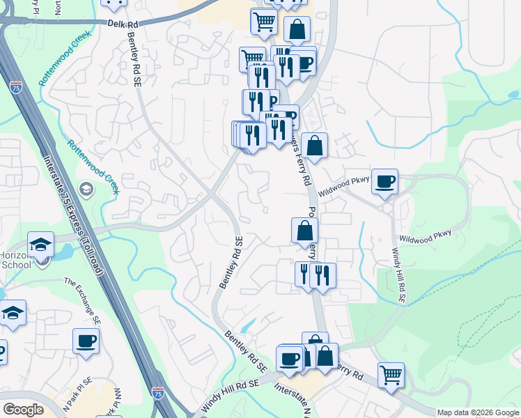 map of restaurants, bars, coffee shops, grocery stores, and more near 1008 Wynnes Ridge Circle in Marietta