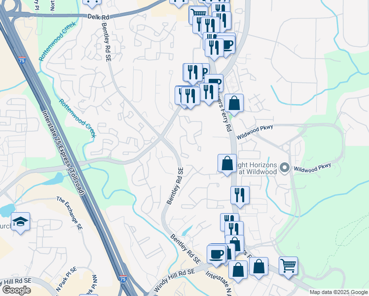 map of restaurants, bars, coffee shops, grocery stores, and more near 102 Wynnes Ridge Circle in Marietta
