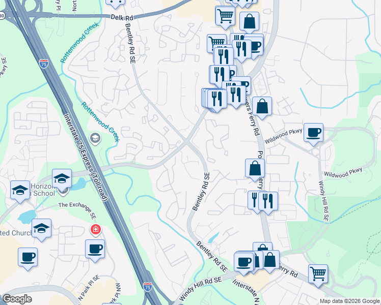 map of restaurants, bars, coffee shops, grocery stores, and more near 1610 Turnberry Lane in Marietta