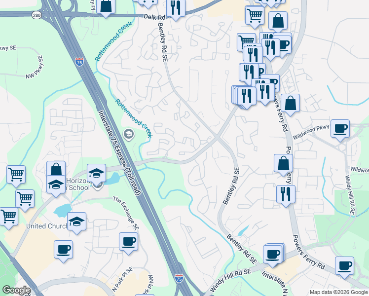 map of restaurants, bars, coffee shops, grocery stores, and more near 1550 Terrell Mill Road Southeast in Marietta