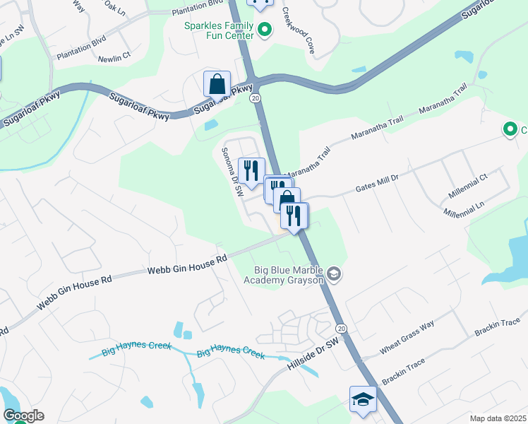 map of restaurants, bars, coffee shops, grocery stores, and more near 721 Sonoma Drive Southwest in Lawrenceville