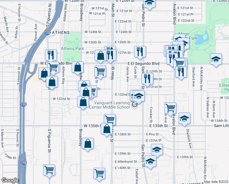 map of restaurants, bars, coffee shops, grocery stores, and more near 13106 South Main Street in Los Angeles