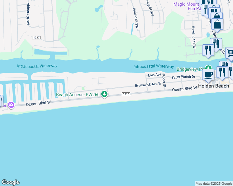 map of restaurants, bars, coffee shops, grocery stores, and more near 284 Ocean Boulevard West in Holden Beach