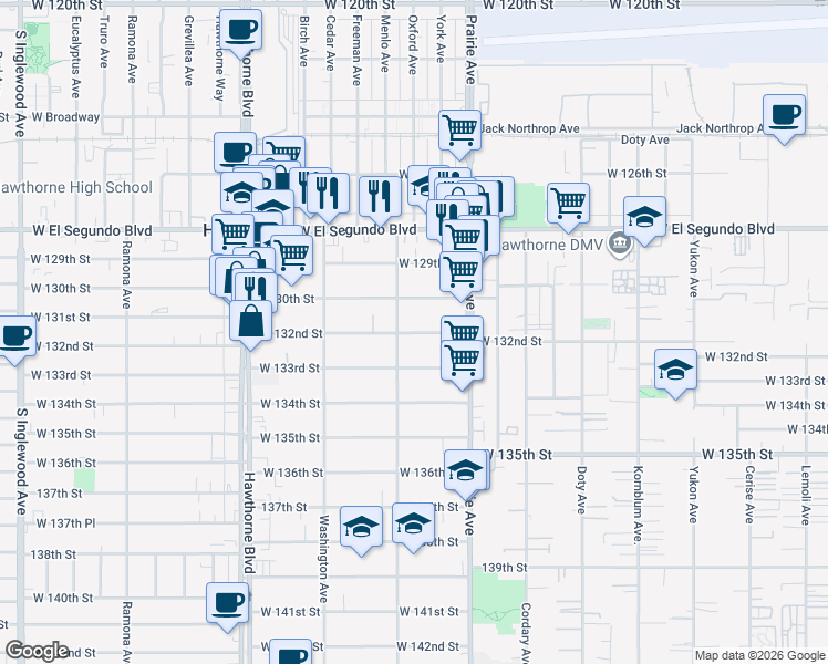 map of restaurants, bars, coffee shops, grocery stores, and more near 4061 West 132nd Street in Hawthorne