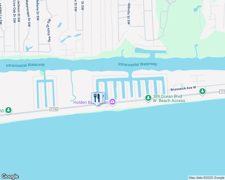 map of restaurants, bars, coffee shops, grocery stores, and more near 122 Durham Street in Holden Beach