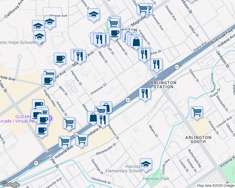 map of restaurants, bars, coffee shops, grocery stores, and more near 3514 Myers Street in Riverside