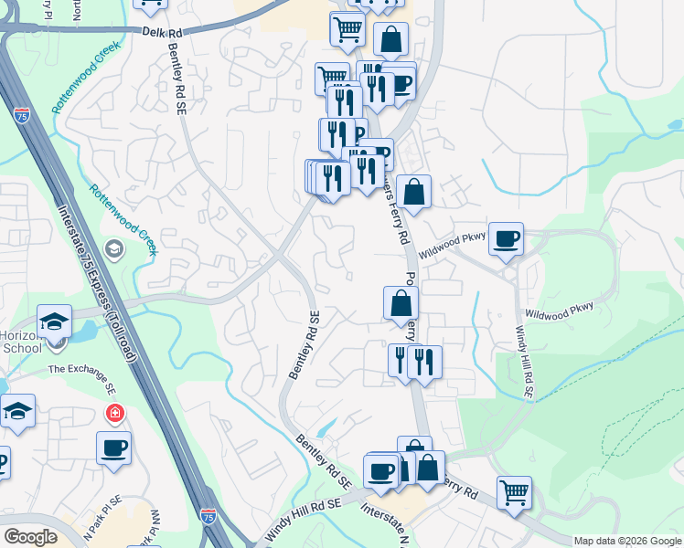 map of restaurants, bars, coffee shops, grocery stores, and more near 1008 Wynnes Ridge Circle in Marietta