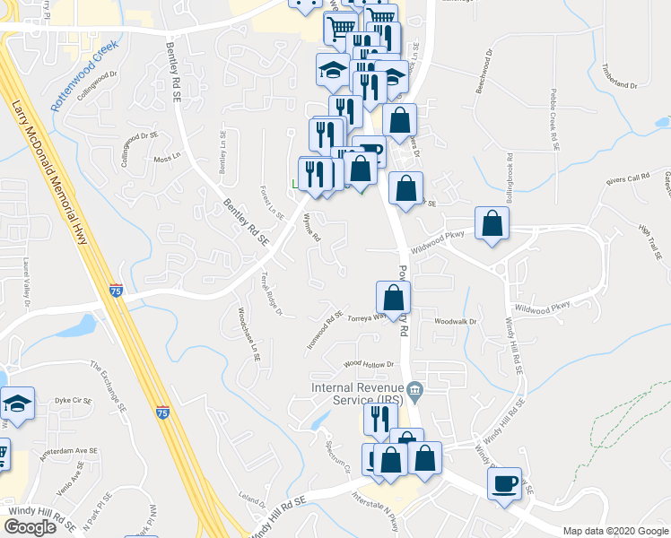 map of restaurants, bars, coffee shops, grocery stores, and more near 703 Wynnes Ridge Circle in Marietta