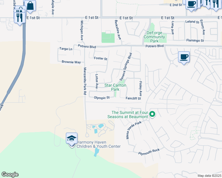 map of restaurants, bars, coffee shops, grocery stores, and more near 1364 Estancia Street in Beaumont