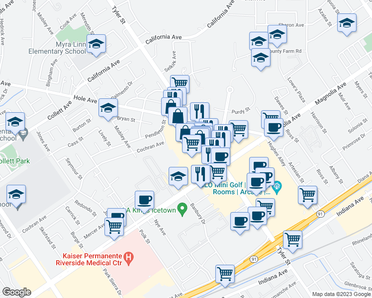 map of restaurants, bars, coffee shops, grocery stores, and more near 3870 Tyler Street in Riverside