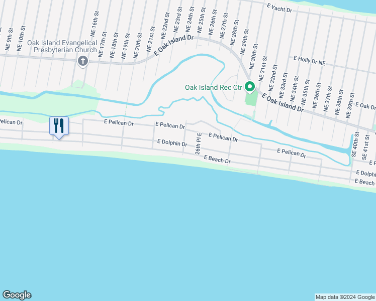 map of restaurants, bars, coffee shops, grocery stores, and more near 2504 East Beach Drive in Oak Island