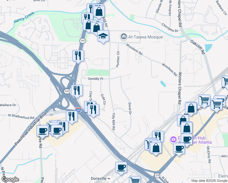 map of restaurants, bars, coffee shops, grocery stores, and more near 4104 Doral Drive in Doraville