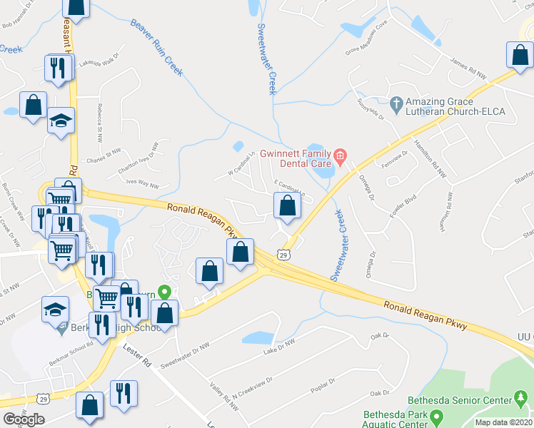 map of restaurants, bars, coffee shops, grocery stores, and more near 41 West Meadowlark Lane in Lawrenceville