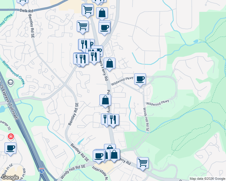 map of restaurants, bars, coffee shops, grocery stores, and more near 3003 Riverstone Tr in Atlanta