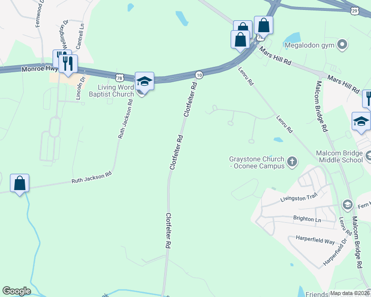 map of restaurants, bars, coffee shops, grocery stores, and more near 2510 Clotfelter Road in Bogart