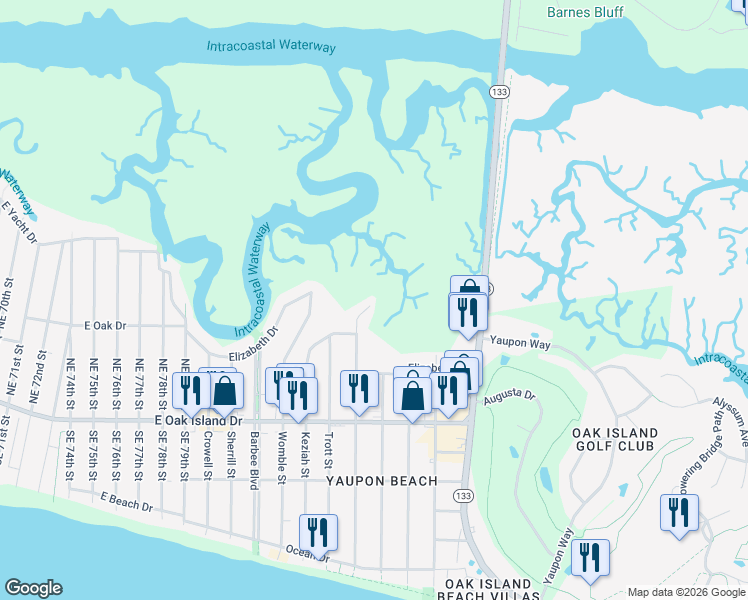 map of restaurants, bars, coffee shops, grocery stores, and more near 513 Norton Street in Oak Island