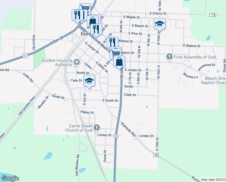 map of restaurants, bars, coffee shops, grocery stores, and more near 718 East Miller Street in Gurdon