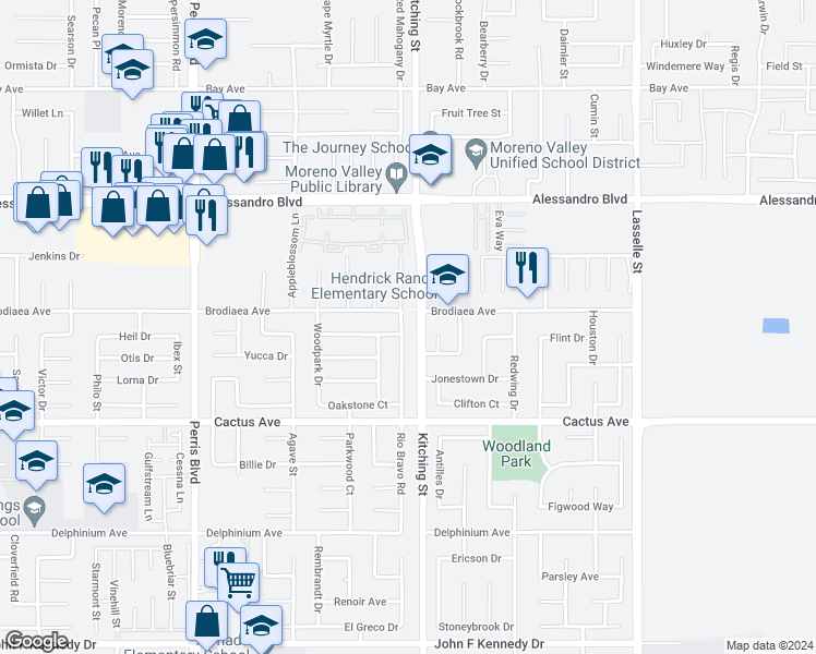 map of restaurants, bars, coffee shops, grocery stores, and more near 14278 Rio Bravo Road in Moreno Valley