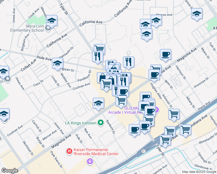 map of restaurants, bars, coffee shops, grocery stores, and more near 3868 Tyler Street in Riverside