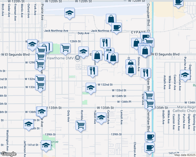 map of restaurants, bars, coffee shops, grocery stores, and more near 13100 Yukon Avenue in Hawthorne