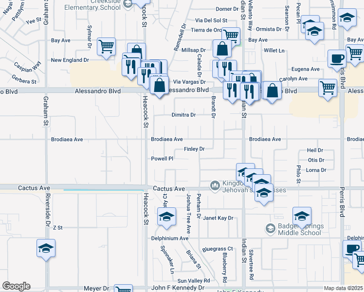 map of restaurants, bars, coffee shops, grocery stores, and more near 24212 Finley Drive in Moreno Valley