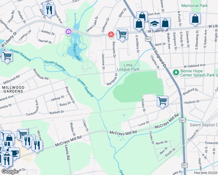 map of restaurants, bars, coffee shops, grocery stores, and more near 830 Marigold Street in Sumter