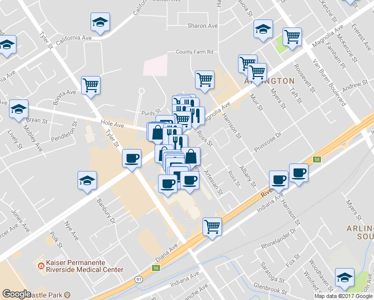 map of restaurants, bars, coffee shops, grocery stores, and more near 10091 Shirley Street in Riverside