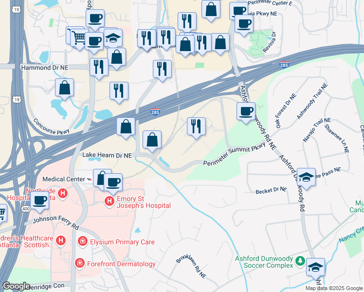 map of restaurants, bars, coffee shops, grocery stores, and more near 4004 Summit Boulevard Northeast in Atlanta